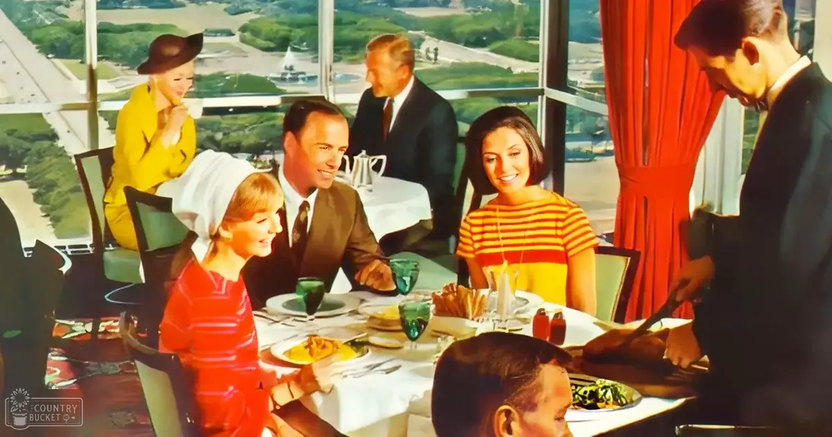 A family dining in an upscale restaurant with a view of a cityscape, with mid-20th century attire and modern urban scenery.