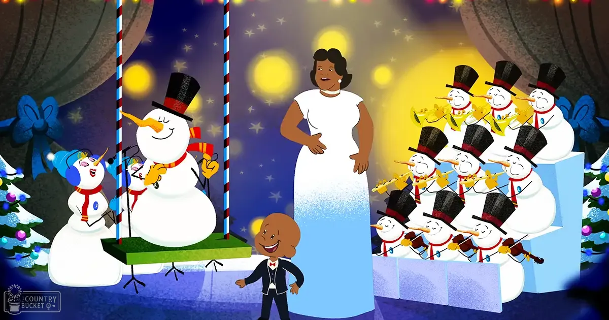 A festive holiday scene with snowmen performing music in front of an audience indoors. Snowmen play flutes and violins, surrounded by Christmas trees adorned with lights and ornaments under stage lighting at evening or nighttime.