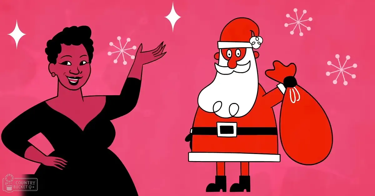 A cartoon illustration of Santa Claus and an African-American woman in front of a festive pink background with white snowflake decorations.