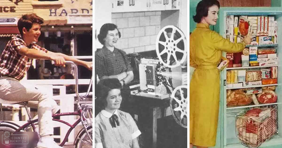 A young boy riding a red bicycle in an urban setting, wearing a plaid shirt and khaki pants, while two women in a home or studio environment handle film reels and equipment, one dressed in a checkered top with a collar, the other in a white blouse with a black bow tie at the neckline. A woman shops for groceries in a store, wearing a yellow dress.