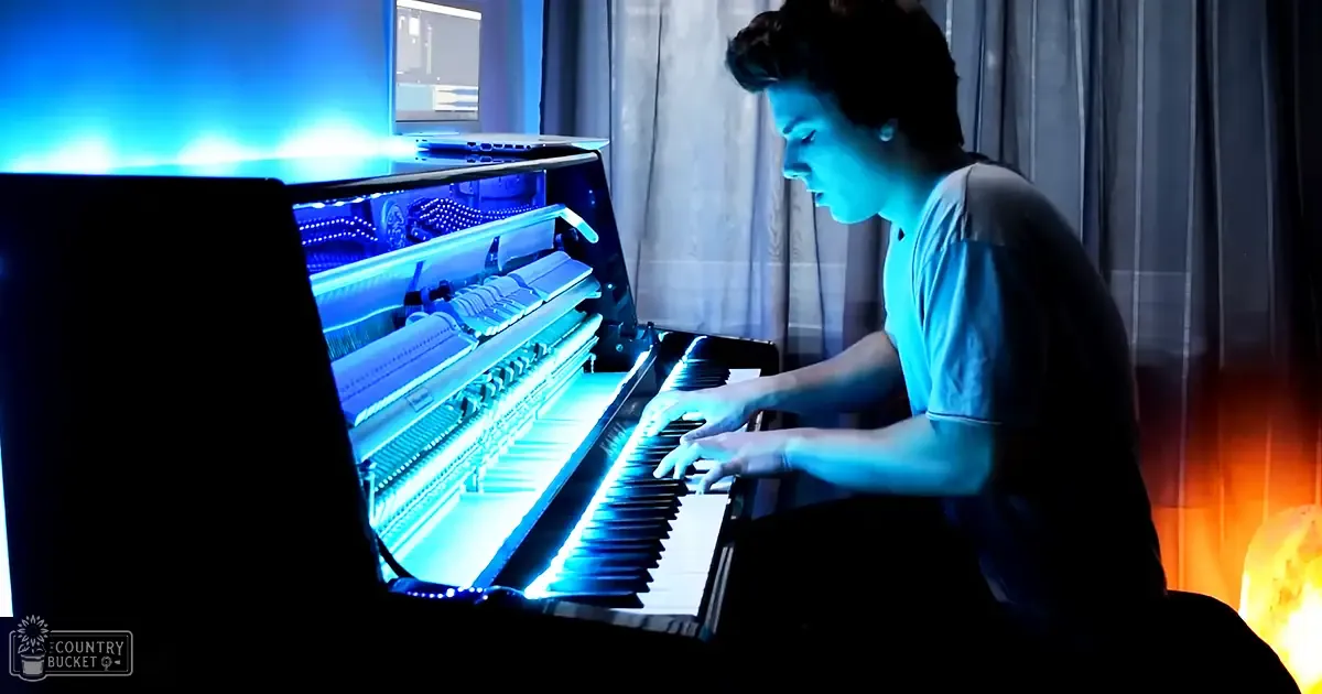 A young adult male plays a piano in an indoor setting with curtains, glowing light effects, and modern casual attire.