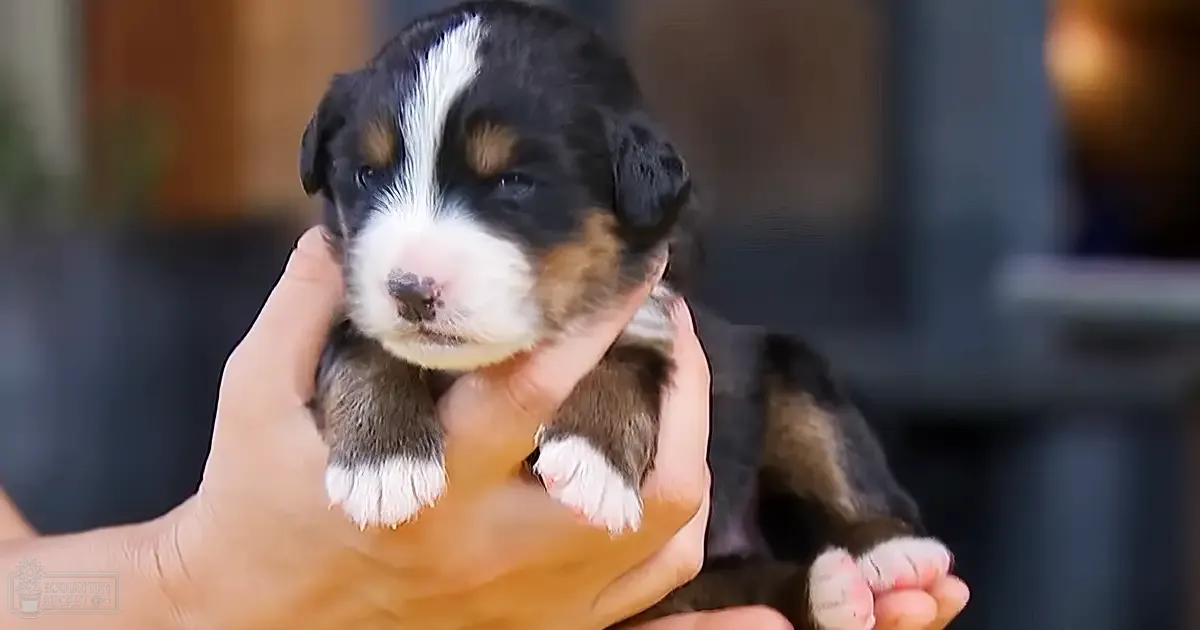 A close-up shot of a young Bernese Mountain Dog being held by an adult, indoors with blurred wooden elements in the background.