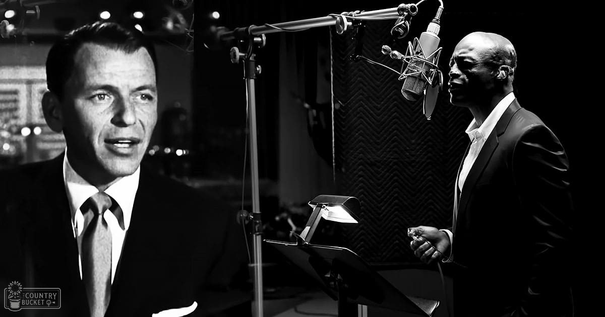 Two individuals in a professional recording studio with soundproofing panels, microphone stands, and lighting equipment.