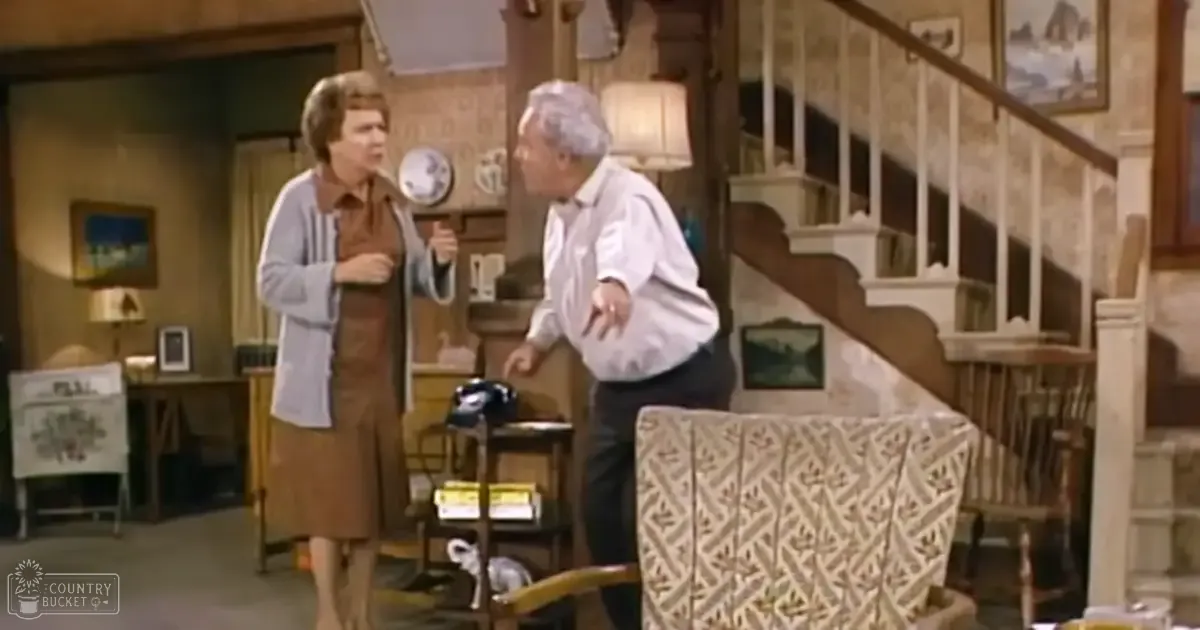 A sitcom scene set in a vintage home with warm lighting and lived-in details.