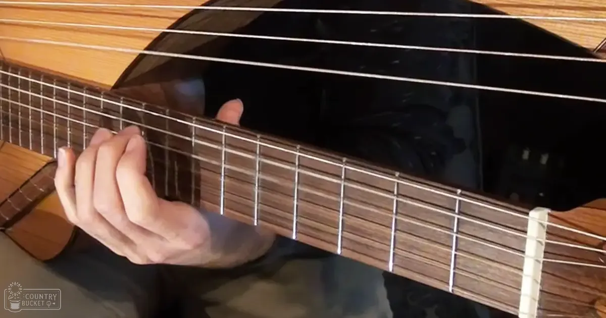 Close-up shot of a hand playing an acoustic guitar with 'Madly Odd' logo on its body, set against a wooden indoor background under natural light.