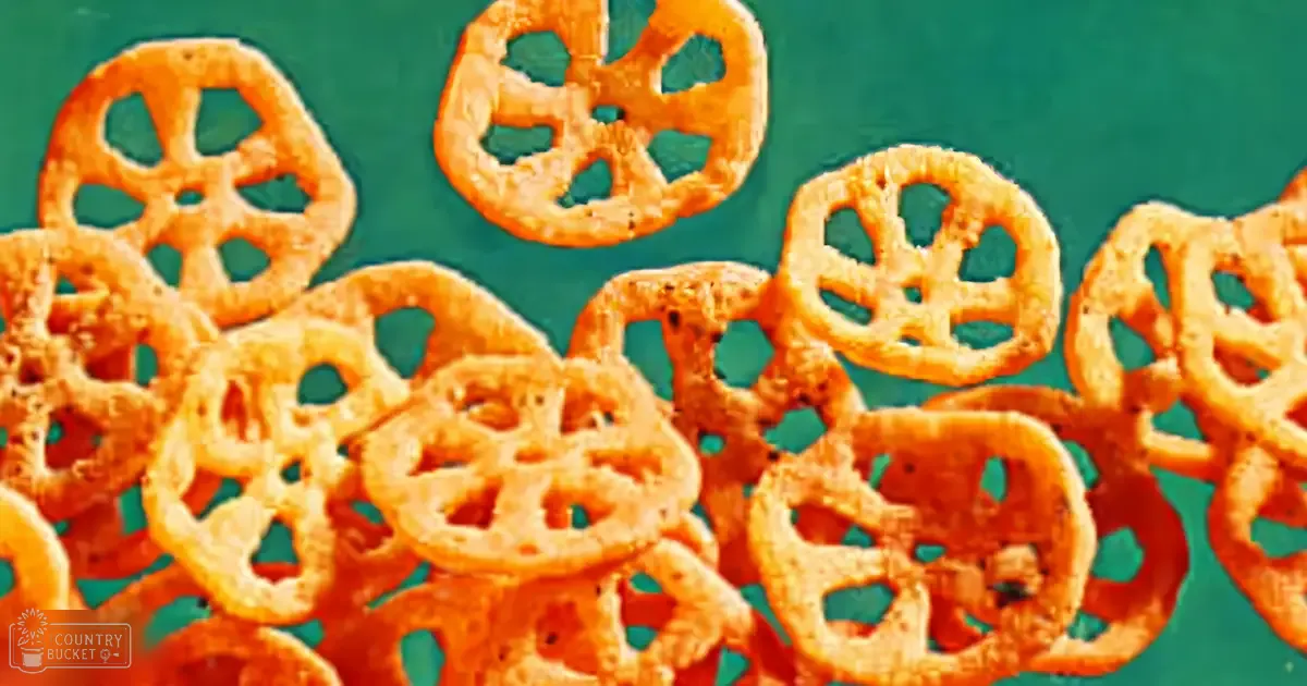 Indoor scene with teal background with pretzels, vibrant orange and teal colors.