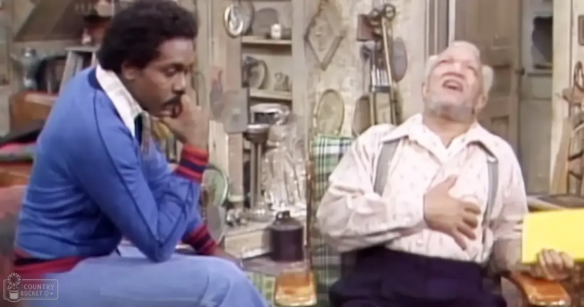 A comedic scene set in an indoor environment with two adult males, one wearing a blue sweater with red stripes and another in a white shirt with suspenders, surrounded by various items on shelves and counters.