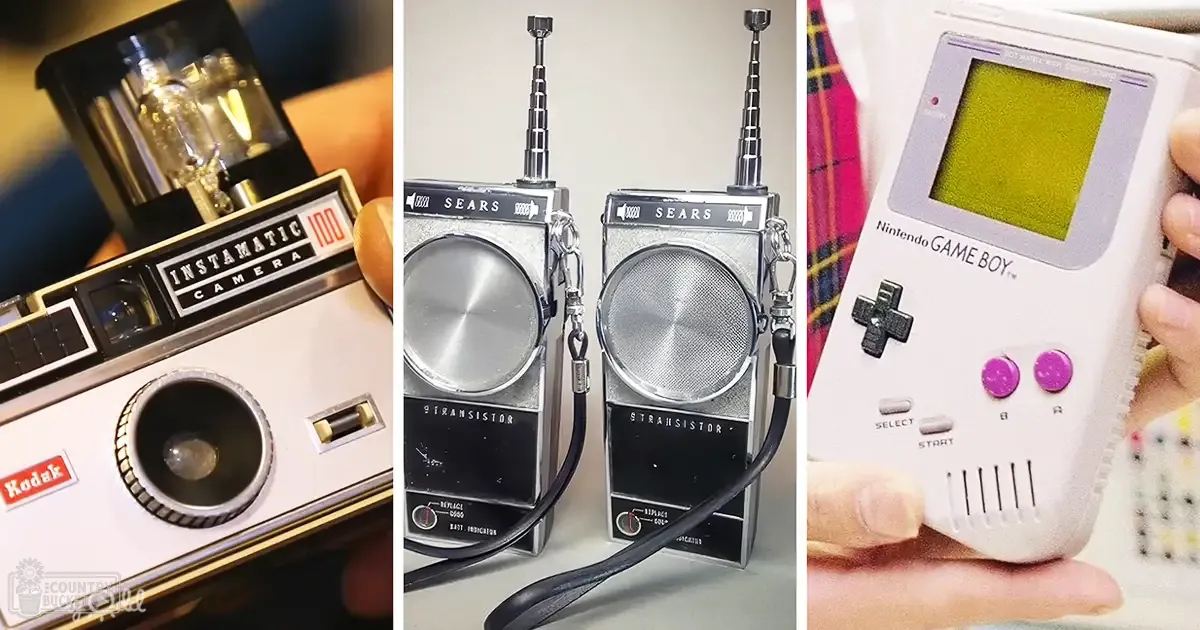Vintage technology items displayed: Kodak Instamatic camera with film roll, Sears transistor radios with antennas and wrist straps, Nintendo Game Boy in hand.