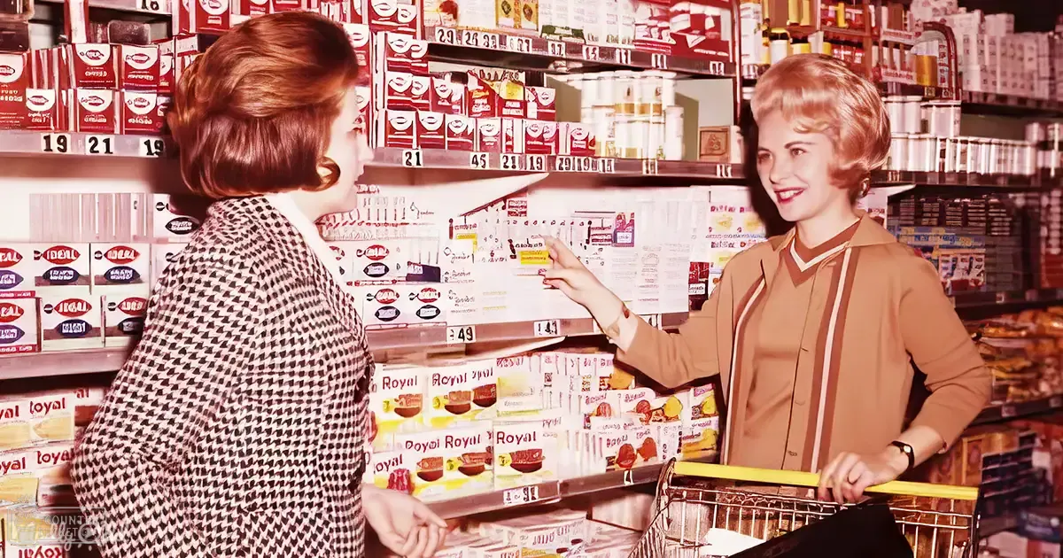Young adult females in mid-20th century attire shopping at a well-stocked grocery store with shelves stocked with various products, including 'Royal' branded items.