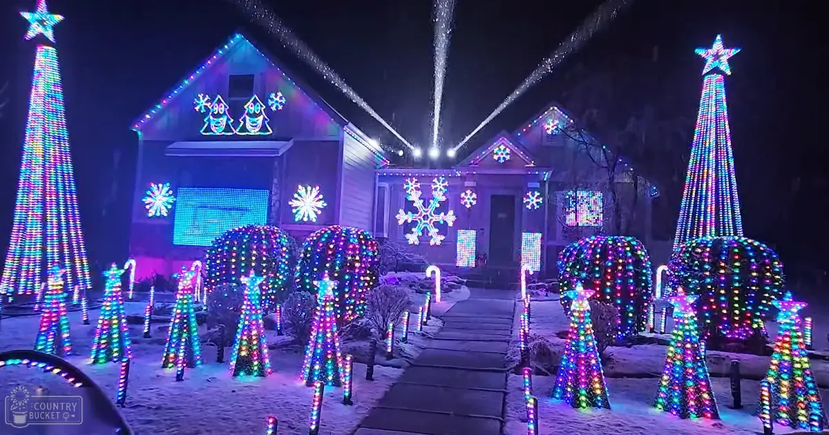 A house adorned with colorful Christmas lights in a snowy outdoor setting at night.