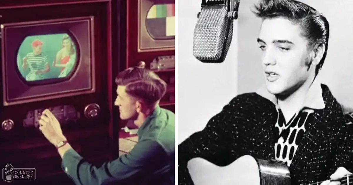 Two adults in a mid-20th century living room setting, one possibly recording or performing with a microphone while wearing a patterned shirt and another in a dark green long-sleeved shirt.