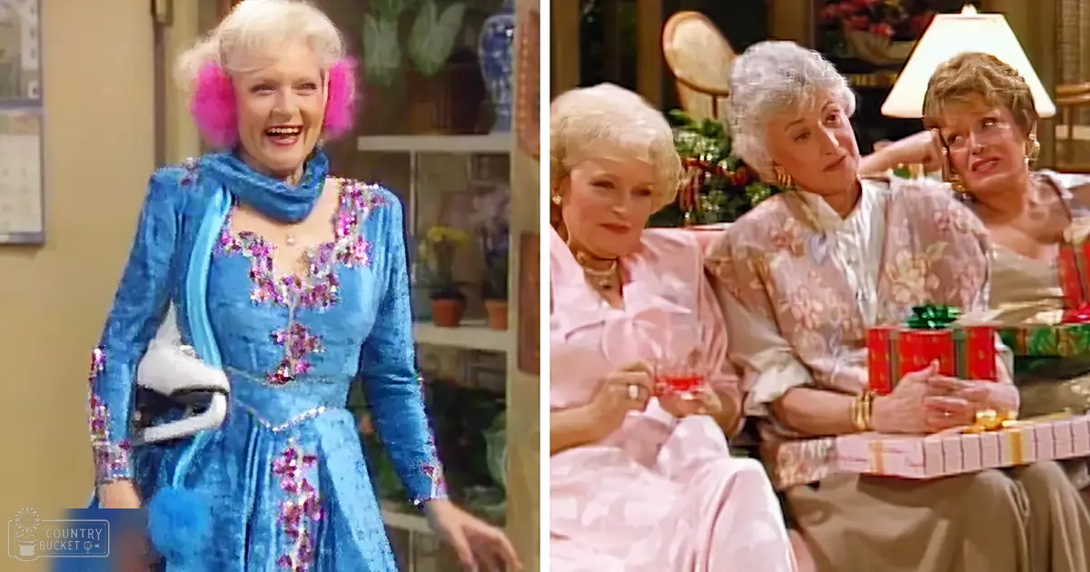 An older adult female in a blue velvet dress with floral patterns and sequins, holding pink earmuffs; other women wear similar dresses or robes, suggesting a holiday-themed indoor setting.
