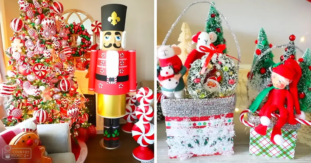A Christmas-themed indoor display with a decorated tree, nutcracker figure, small trees, stuffed animals in festive clothing, and an elf figurine on a gift box.
