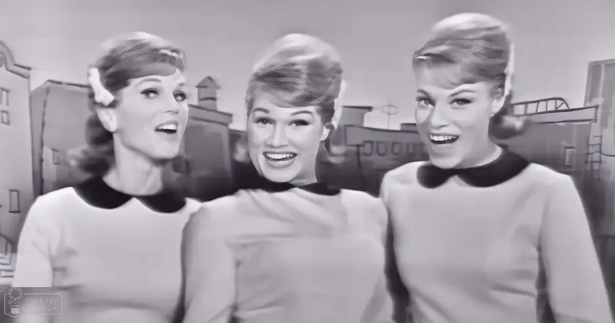 Three young adult females with short hair styled with accessories, wearing matching white tops with black collars and cuffs in an urban environment near industrial buildings on a sunny day.