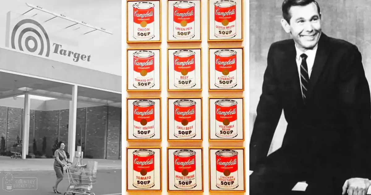 A historical scene juxtaposing a Target store with Andy Warhol's Campbell's Soup Cans artwork in an indoor setting.