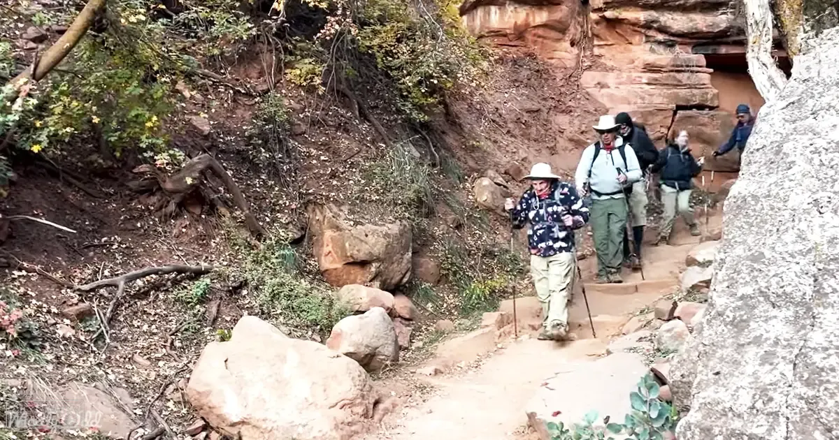 Group of hikers in a canyon-like area with red rock formations and greenery during autumn.