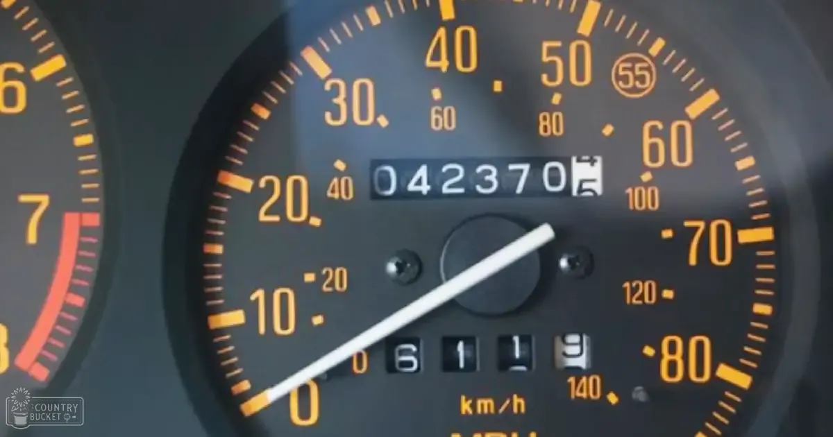 Close-up view inside a vehicle showing a speedometer at approximately 60 km/h.