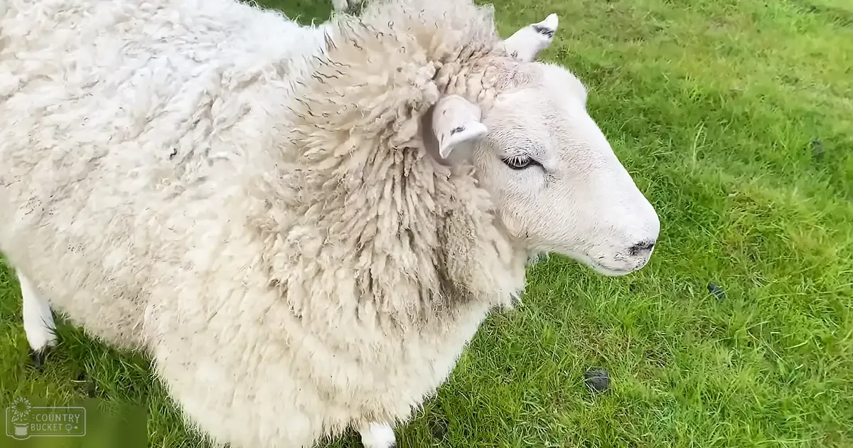An adult sheep with thick white wool stands on a green grassy field, suggesting spring or summer daytime conditions.