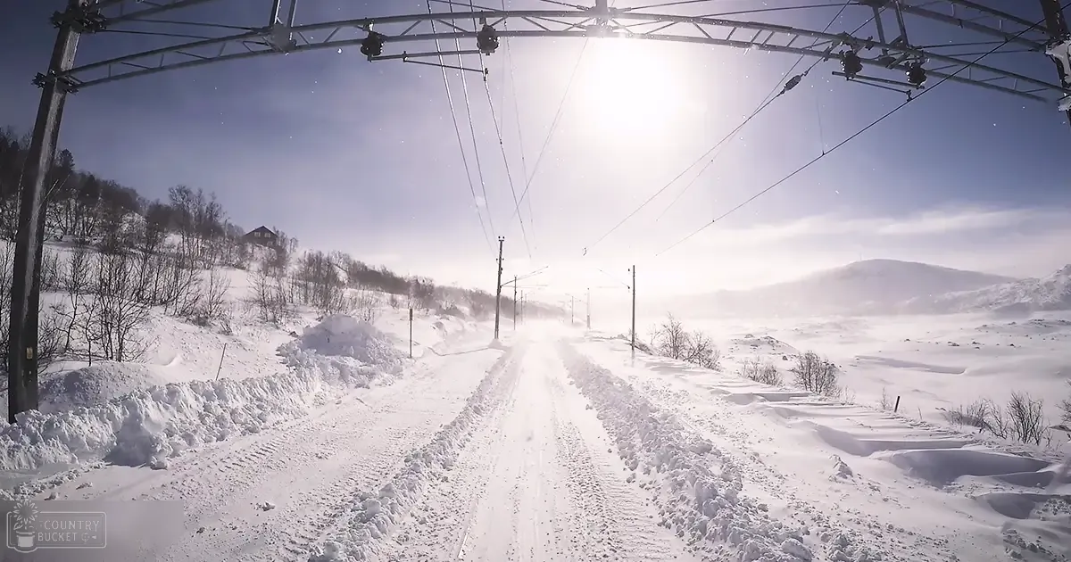 A bright winter day in Norway, snow-covered road with utility poles and distant mountains under a clear sky.
