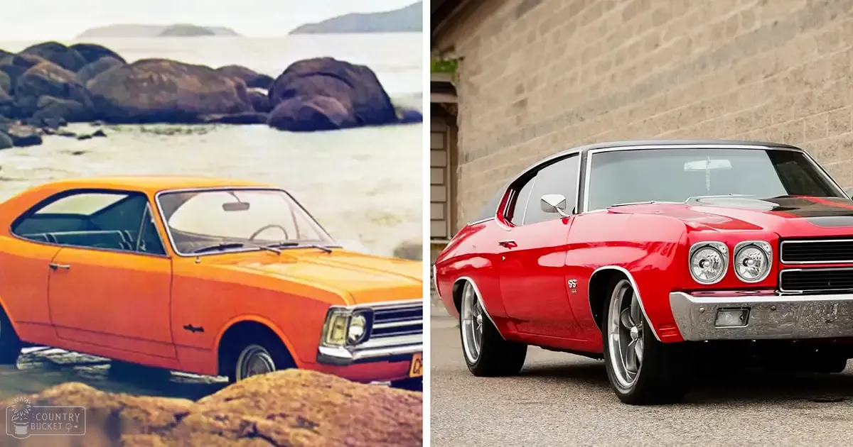 Two classic muscle cars, one orange by the sea on rocks, another red parked against a brick wall near asphalt, both with chrome details and well-maintained, outdoor setting under natural daylight.