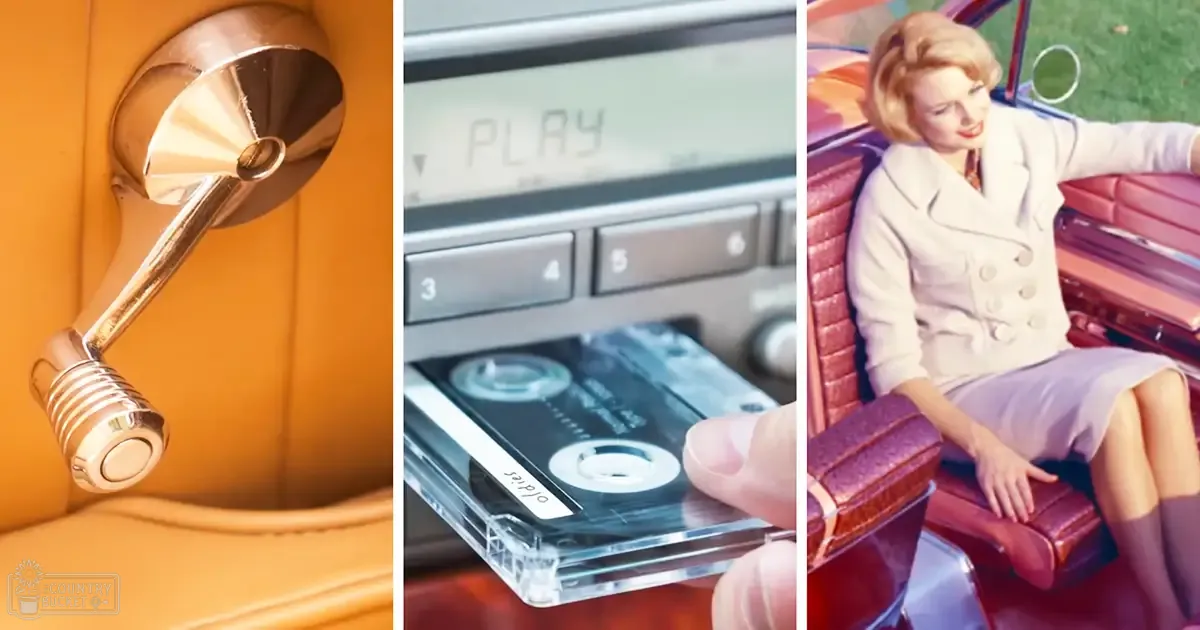 A mid-20th-century vintage car interior scene with a gold-colored gear shift, set outdoors in spring or summer under natural daylight.