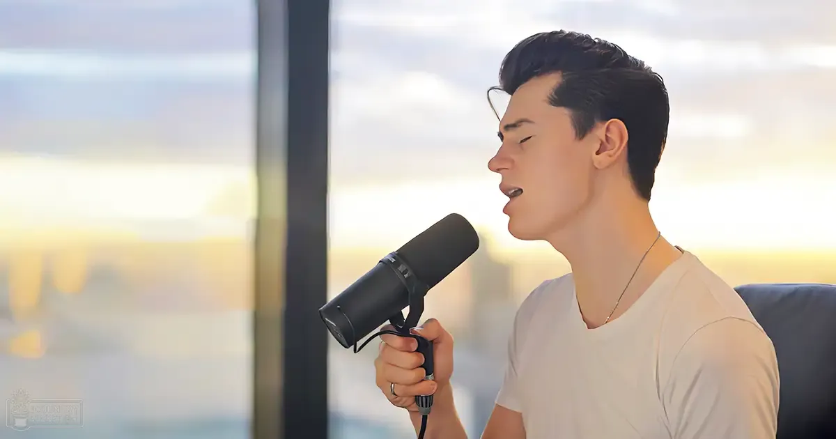 A young adult male sings into a microphone indoors with large windows showing a cityscape, wearing a white t-shirt with modern style and casual cut.