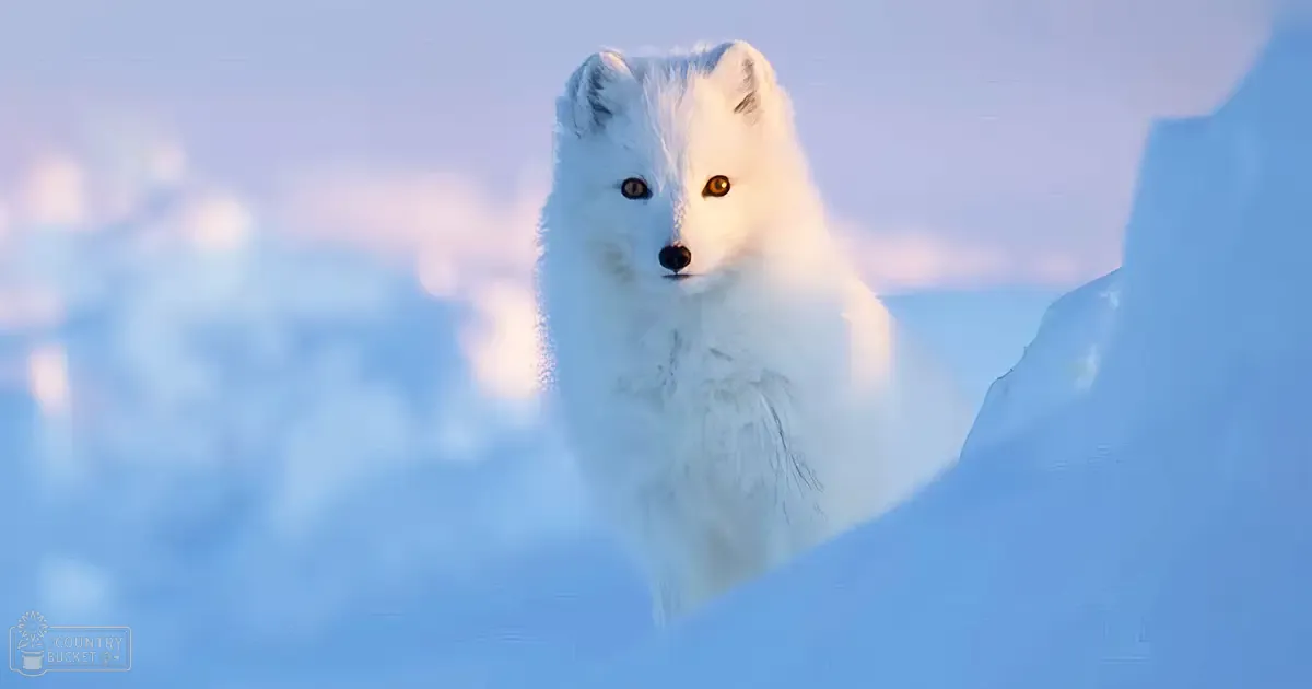 An adult Arctic fox with golden eyes in a snowy winter landscape at soft morning or late afternoon light.