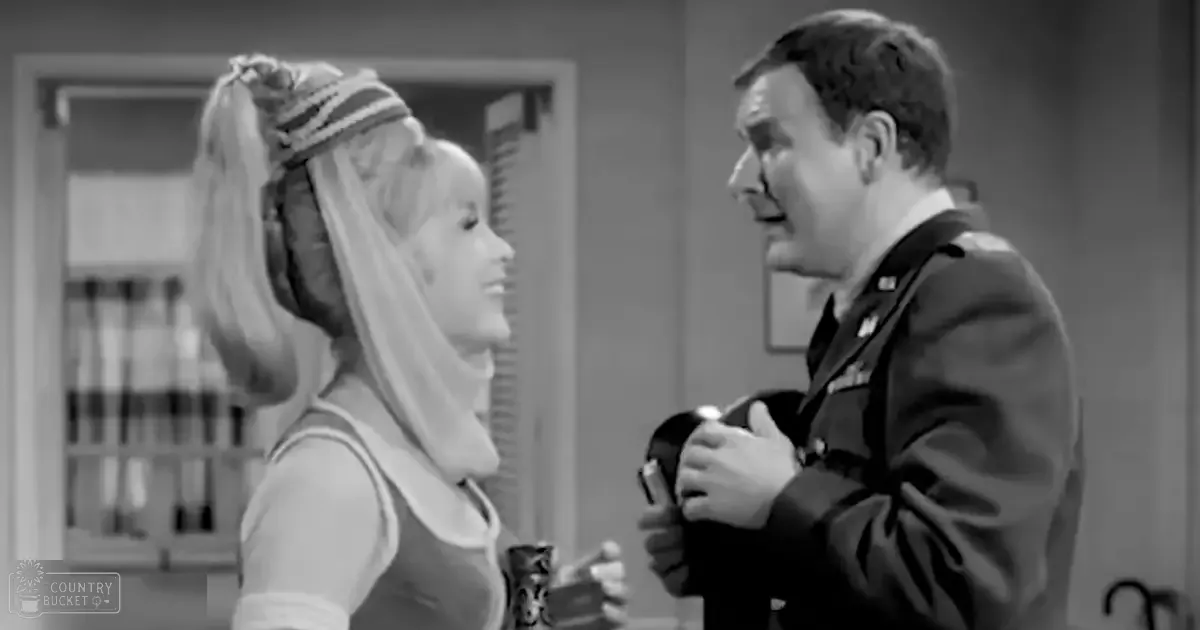 A young adult female in a historical setting wears a white dress with puffed sleeves and a headscarf; a middle-aged man in a military uniform holds an object, suggesting a formal or official occasion.