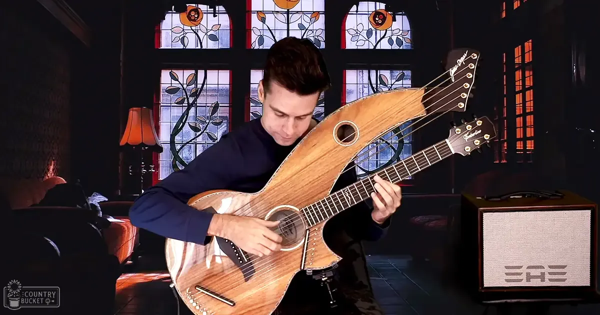 A young adult male playing an instrument indoors, surrounded by autumn-themed decor with warm lighting.