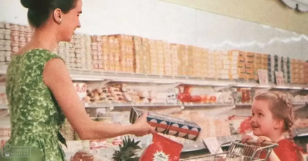 An adult female with a toddler in a grocery store, wearing a green floral dress and earrings. The child is in a red top or dress, surrounded by shelves of products and a pineapple on display.