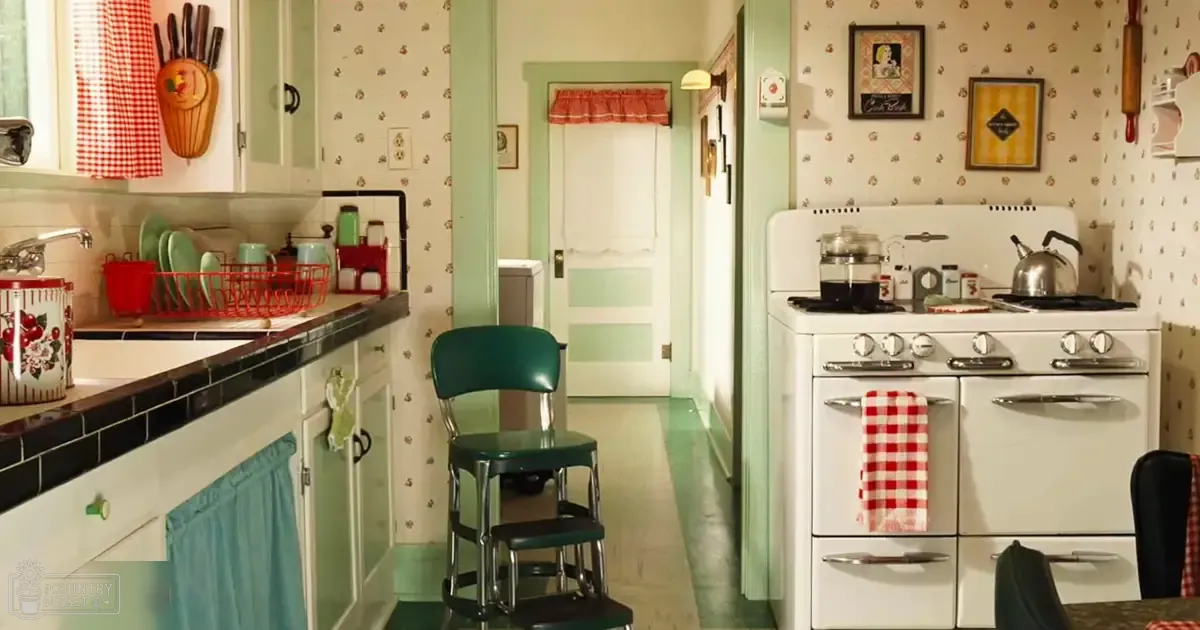 A vintage kitchen scene with white stove, green metal stool, red checkered towel, red dish rack, white cabinets, green floral wallpaper, and framed picture. Daytime lighting suggests morning or afternoon.