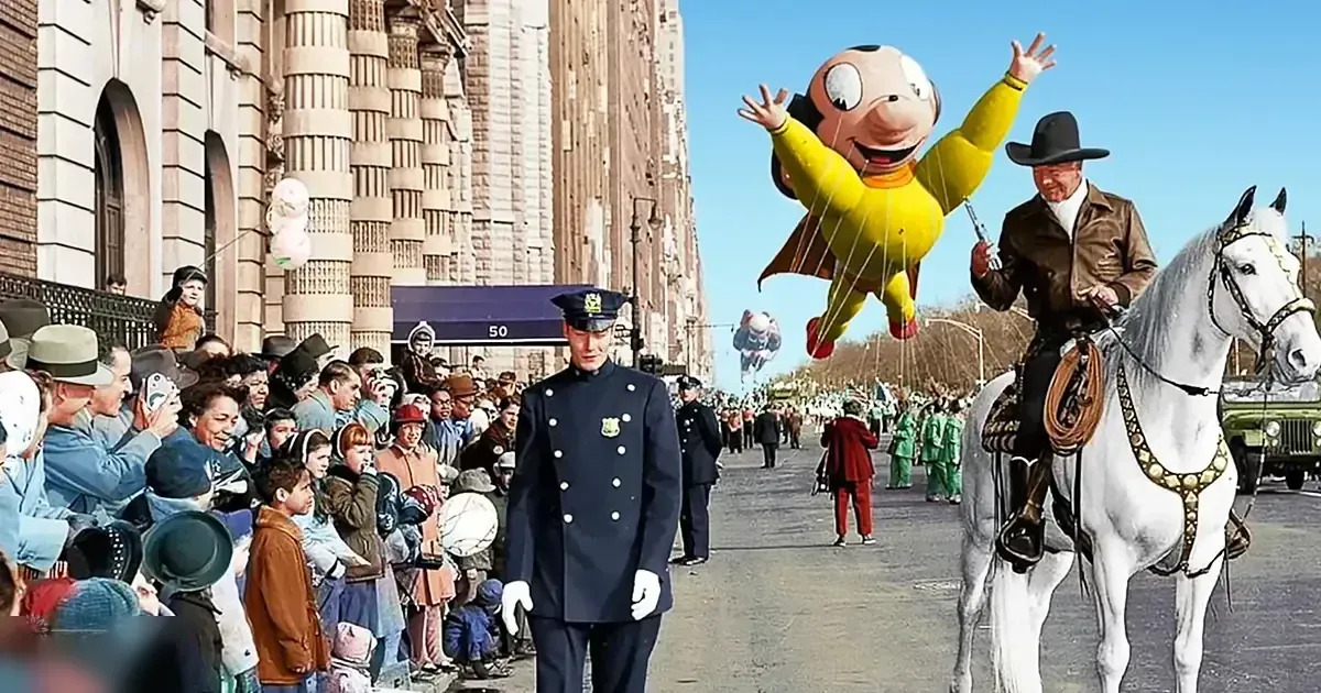 A festive urban parade scene with a crowd of people dressed for cooler weather, including an adult male singer in a cowboy hat and leather jacket riding a white horse alongside vintage-style vehicles like a jeep. The setting is lined with tall ornate buildings under clear daylight conditions.