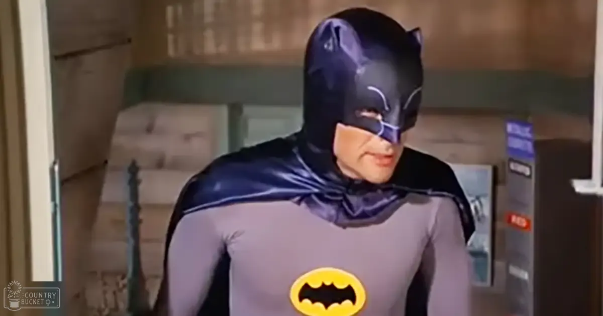 Adult male in a full Batman costume with payphone and furniture visible, possibly an indoor setting like a living room or office.