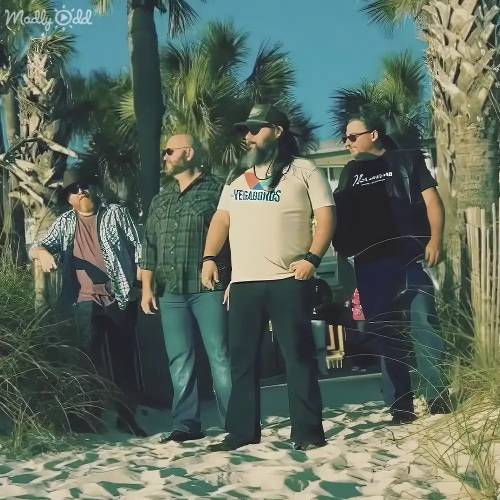 Adult males wearing casual summer attire on a sandy beach with palm trees and greenery.