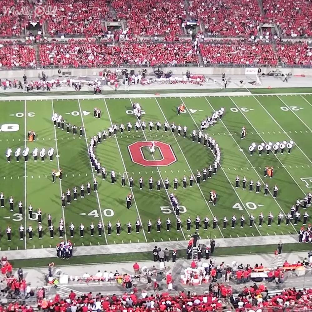 A marching band performs at Ohio Stadium with teenagers and adults in white shirts, black pants, and white hats. The setting is a football game during daytime with clear weather conditions.