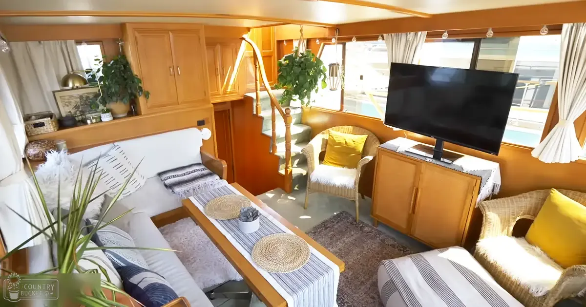 A cozy houseboat interior with a white sofa, wicker chairs, wooden cabinets, and large windows allowing natural light in.