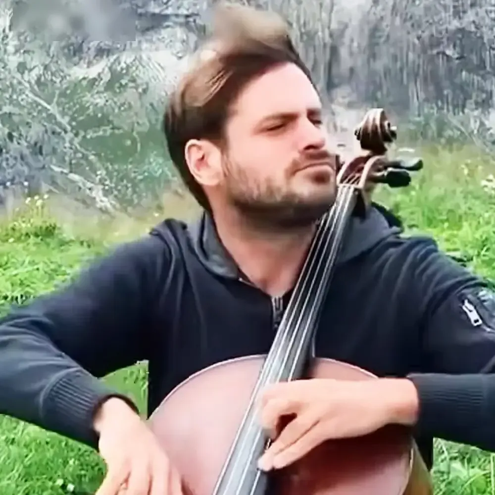 A man playing a cello outdoors in a natural setting with green grass and rocky terrain under daylight, possibly spring or summer.
