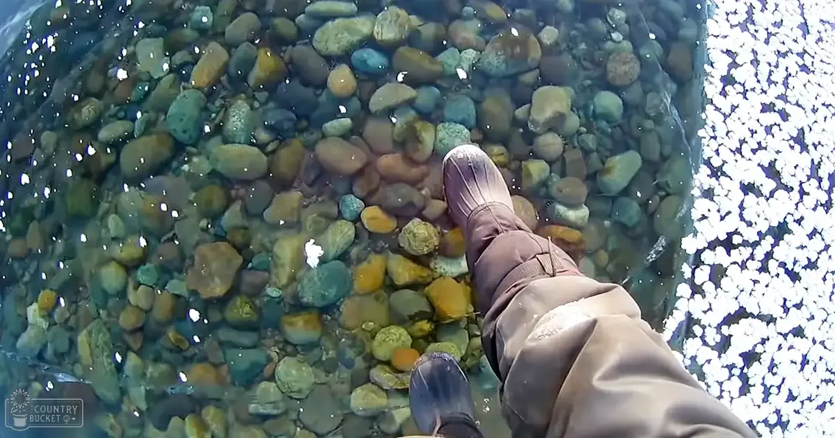 Adult male wearing beige pants and brown rubber boots stands in shallow riverbed with pebbles at the bottom, late afternoon light illuminates scene.