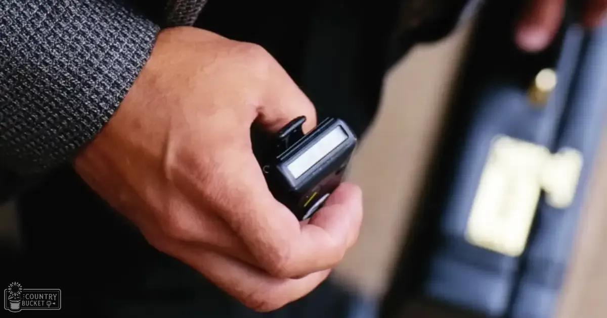 Adult male hands holding a small electronic device, possibly in an indoor setting with dark, blurred background and low light conditions.