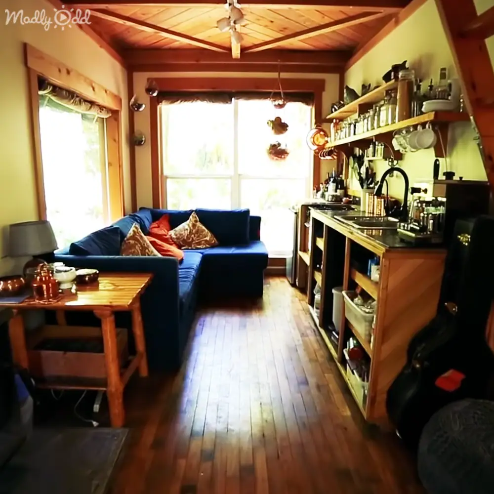 A cozy living space with a blue sectional sofa and kitchen items in a cabin-like setting, possibly spring or summer due to natural light.