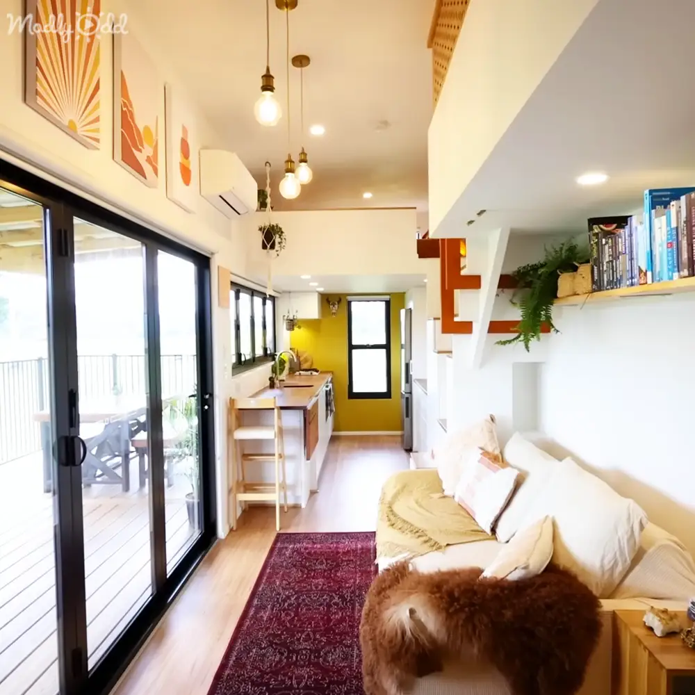 A cozy, modern apartment interior with a medium-sized brown dog lying on a bed, white walls, beige ceiling, dark red throw blanket, yellow accent wall in the kitchen, and sliding glass doors leading to an outdoor wooden deck area.