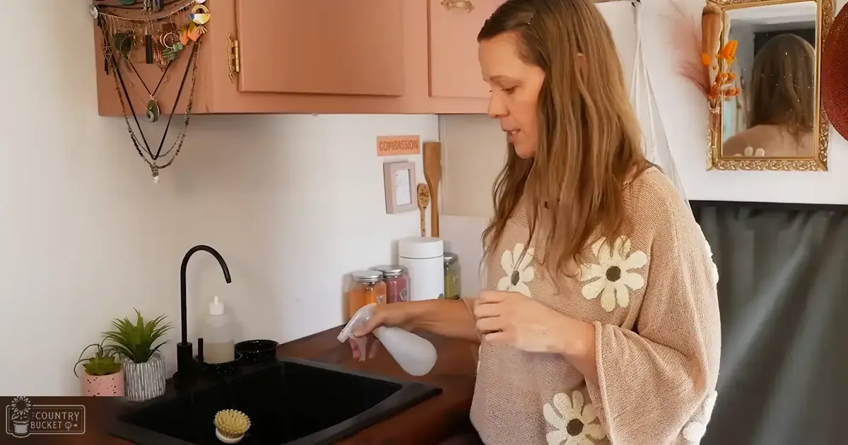 A young adult female wearing a loose-fitting beige sweater with white floral design stands in a modern kitchen setting, holding a white spray bottle.