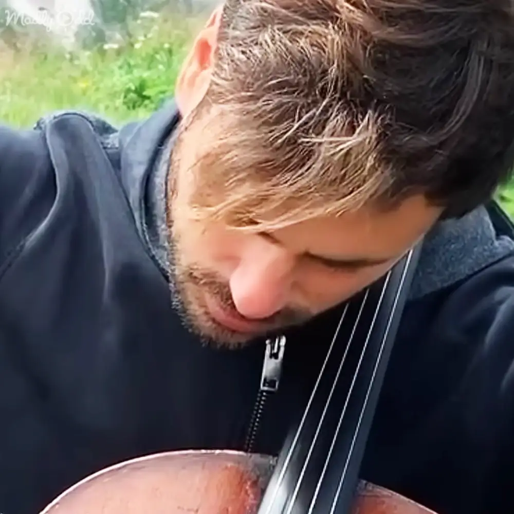 A young adult male plays a dark brown acoustic cello outdoors in a lush green natural setting under overcast skies.