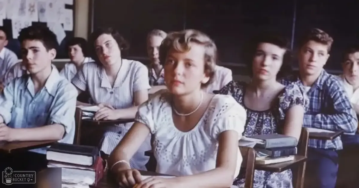 Students of various ages in a classroom setting with wooden desks, chalkboard, and muted tones.
