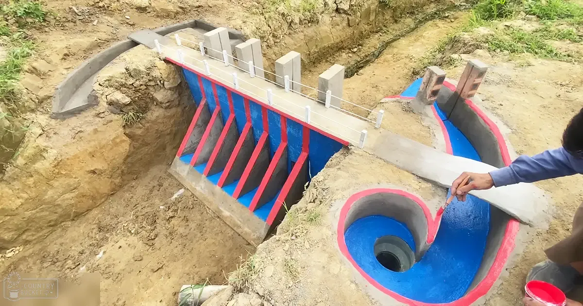 An adult male at a construction site painting a water feature outdoors in daylight with blue paint on concrete blocks surrounded by grass and dirt.