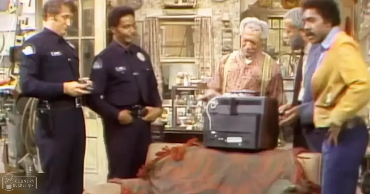 Urban indoor scene with police officers, an older woman holding something small, and a man wearing a yellow jacket. Shelves filled with items suggest a bar or store setting.