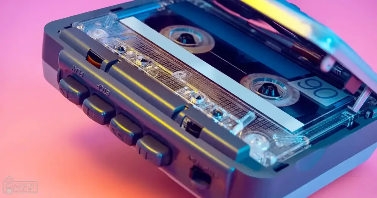 A 90-minute cassette tape player with 'STOP,' 'PLAY,' and 'RECORD' buttons against a vibrant pink, orange, and purple gradient background.
