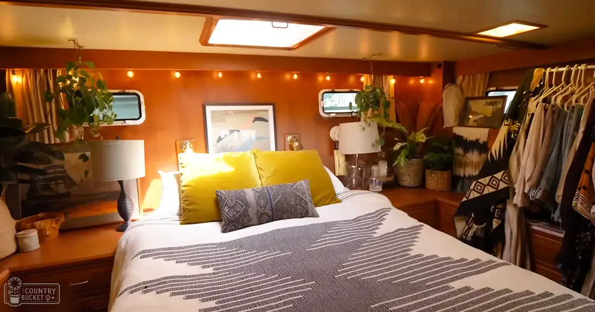 A cozy bedroom scene inside a boat or RV, with yellow and gray pillows, patterned blanket, bedside tables with lamps, plants, wardrobe filled with clothes, framed artwork above the bed, and string lights along the wall. Natural light suggests daytime.