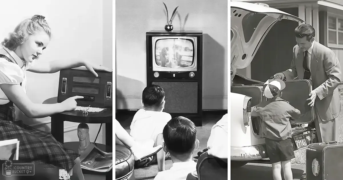 A family scene with vintage radio, old-fashioned TV, and car trunk filled with suitcases against a home interior backdrop, suggesting mid-20th-century setting.