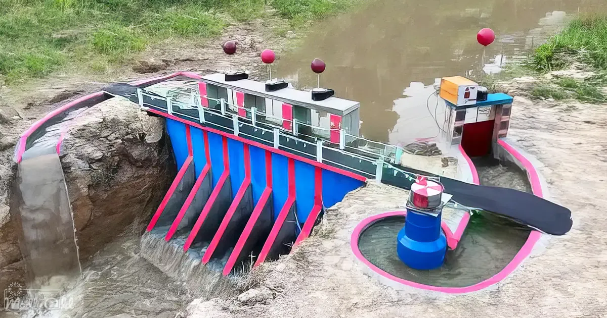 A partially submerged boat with blue and pink accents in a muddy riverbed, surrounded by patches of grass under natural daylight near a body of water.